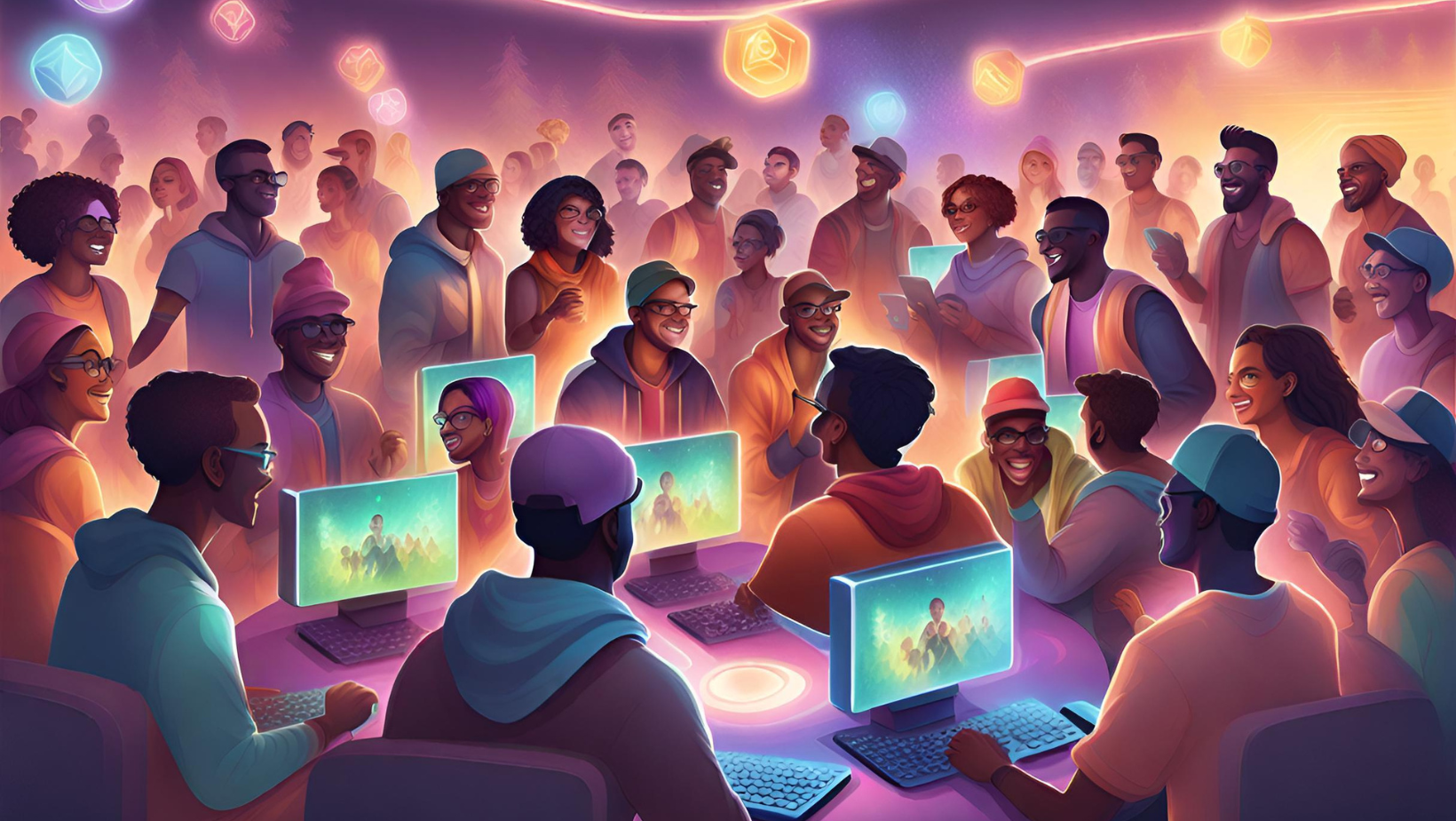 Vibrant depiction of diverse computer game community gatherings and events