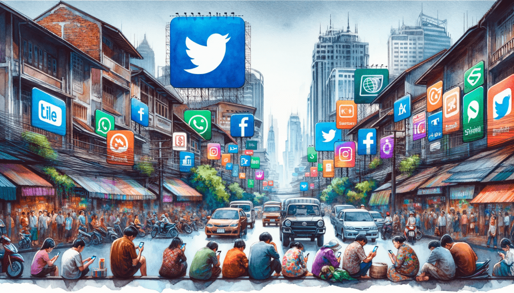 A Southeast Asian street scene with billboards of global social media