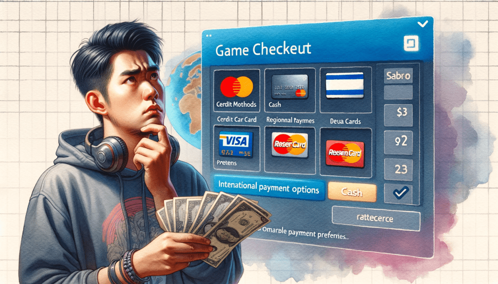A game checkout screen showing only international payment options, while a Southeast Asian gamer holds local payment methods, looking bewildered.
