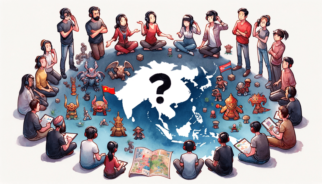 A game studio team overlooking a map of Southeast Asia, with cultural symbols and gaming icons missing from the region.