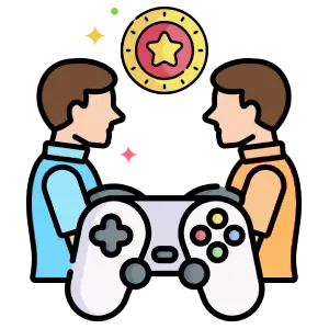 2 gamers with a gaming console in the middle