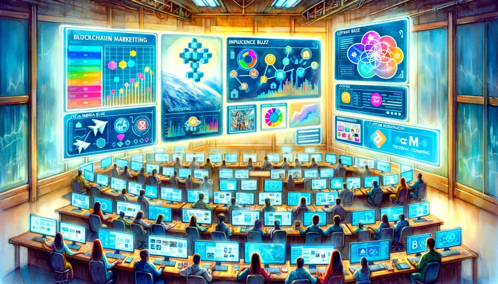 a command center with screens displaying various aspects of a blockchain marketing campaign, including social media buzz, influencer outreach, and content dissemination
