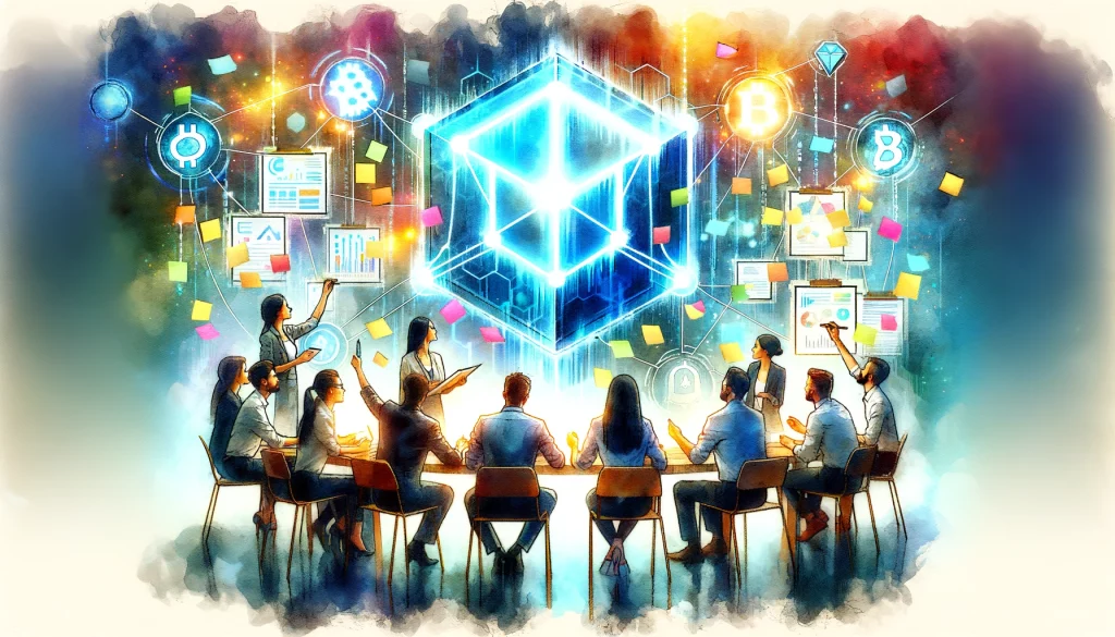a team of marketers brainstorming around a holographic display of a blockchain network for ICO marketing strategies