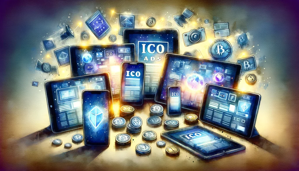 an array of digital devices from smartphones to tablets, each displaying captivating ICO ads