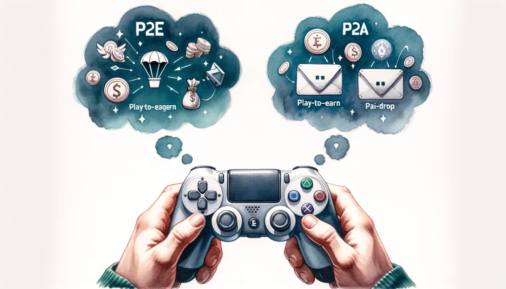 A close-up of a gamer's hands holding a controller, with thought bubbles above showing the P2E and P2A.