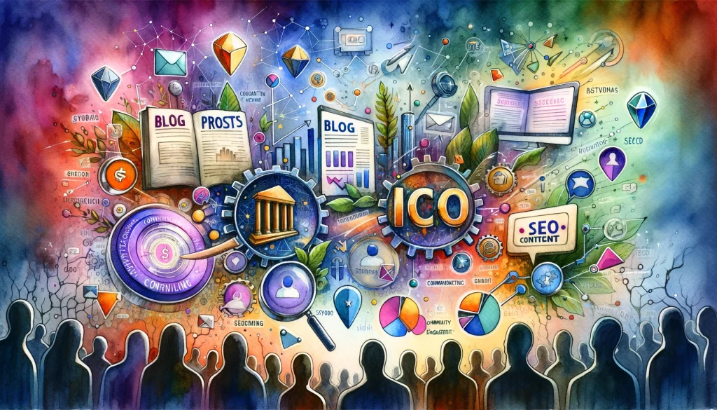 concept of ICO marketing strategies with elements like blog posts, explainer videos, SEO content, and community engagement