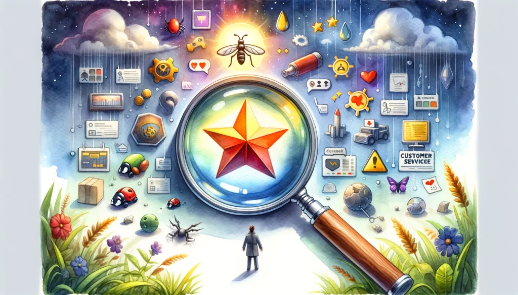 A detective's magnifying glass hovering over various game elements