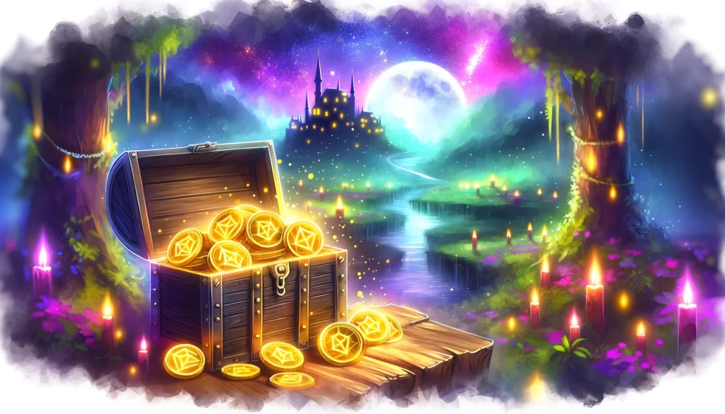 a visual metaphor for an ICO in the gaming world, with a treasure chest overflowing with glowing digital tokens set in a mystical game landscape