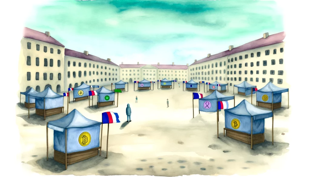 a once-buzzing market square now quiet, with banners of meme coins