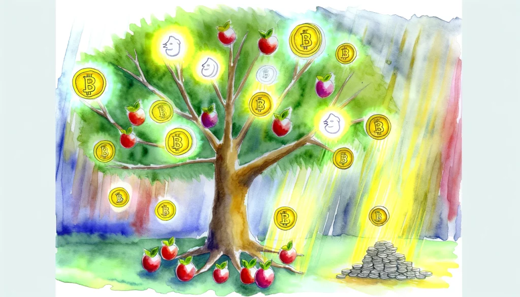 a tree growing meme coins as fruits