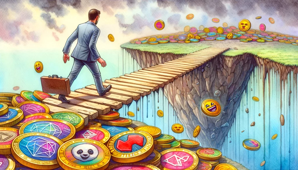 an investor crossing a bridge made of meme coins over a pitfall