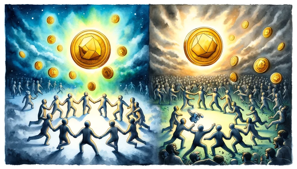 two contrasting scenes with meme coins